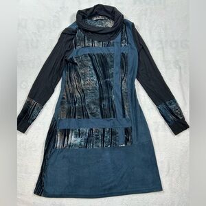 C’Fait Pour Vous Paris Cowl Neck Mini Dress Size 2 Black Blue Velvet Faux Suede